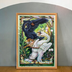 Kunstprint genaamd Zwanen, Illustratie wanddecoratie op mat fine-art papier