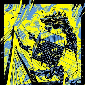 Kunstprint van Rotterdam met robot, Illustratie wanddecoratie op mat fine-art papier
