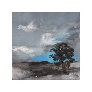 Landschapschilderij Grijs, Blauw & Zwart – Acryl op Hout 32x32cm – ‘Stormbound Tree’