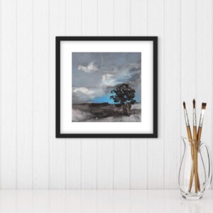 Landschapschilderij Grijs, Blauw & Zwart – Acryl op Hout 32x32cm – ‘Stormbound Tree’