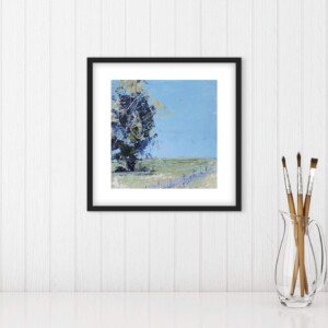 Landschapsschilderij Blauw & Groen – Acryl op papier 32x32cm – ‘Open Field’