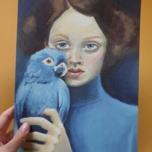 Uniek Kunstportret – Vrouw met Papegaai | Blauwe Tinten