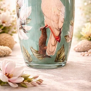 IVORY WHISPER -Elegante designvaas met kaketoe en florale illustraties