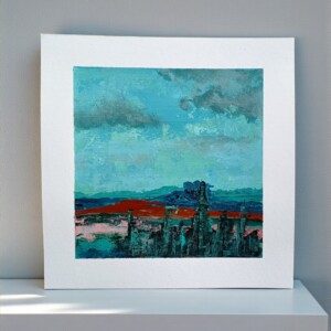 Mini landschap - petrol/roze/koper - 20 x 20