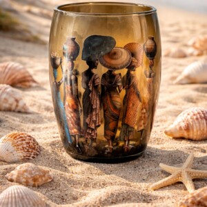 MUSE -handgemaakte glazen designvaas met Afrikaanse kunst – statement piece voor boho & modern interieur