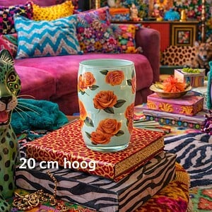 ROSÉ -Kleurrijke glazen vaas met rozenprint (20 cm) – perfect voor boho, eclectic & maximalistisch interieur