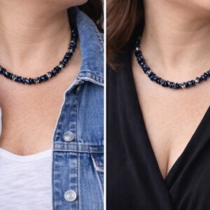 Stoer & elegant – handgemaakte statement ketting in denim blauw