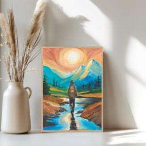 The Lonely Traveler A4 – Kunstprint eenzame reiziger in bergen