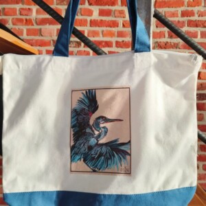 'Unfolding Flight': tote bag met blauwe reiger – vogel illustratie in blauw
