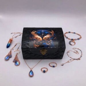 Handgedecoreerde bamboe sieradendoos met het sterrenbeeld Vissen