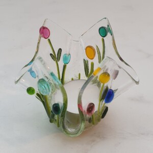 Kleurrijke kaarshouder, handgemaakt glasobject voor groot waxinelicht