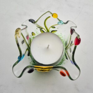 Kleurrijke kaarshouder, handgemaakt glasobject voor groot waxinelicht