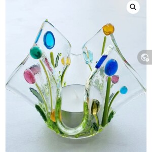 Handgemaakte Waxinelicht houder van glas met kleurrijke bloemen