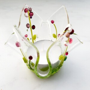 Waxinelicht houder, handgemaakt glas met roze bloemen groot