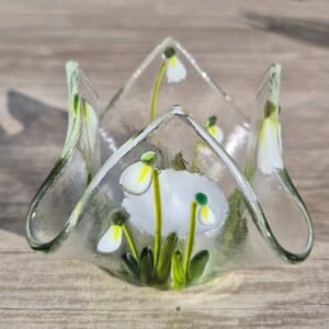 Waxinelichthouder van glas, handgemaakt, transparant met sneeuwklokjes