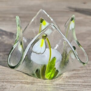 Waxinelichthouder van glas, handgemaakt, transparant met sneeuwklokjes