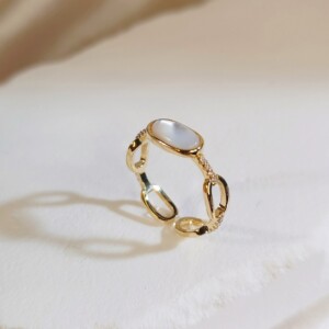 14K Gold Plated Adjustable Ring with Synthetic Cat's Eye and Zircons