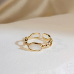 14K Gold Plated Adjustable Ring with Synthetic Cat's Eye and Zircons