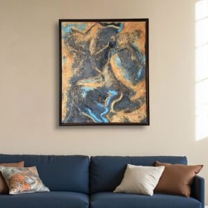 Abstract mixed media schilderij - blauw geel