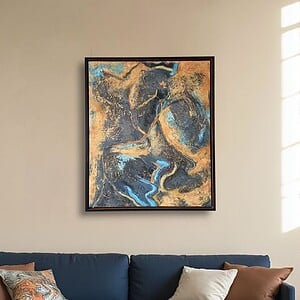 Abstract mixed media schilderij - blauw geel