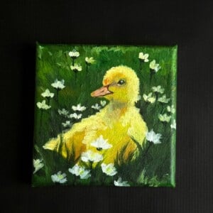 Cottagecore schilderij eendje 'Amon the Daisies'– 7x7 cm – origineel acryl op canvas – vintage stijl
