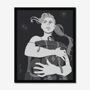 De vrouw met een rugzak: minimalistische zwart-wit kunstprint, 40 x 50 cm, wanddecoratie