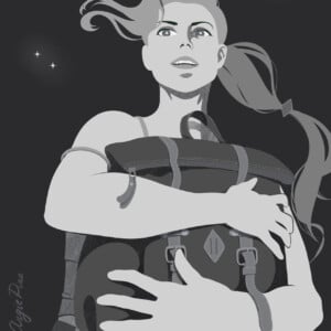 De vrouw met een rugzak: minimalistische zwart-wit kunstprint, 40 x 50 cm, wanddecoratie