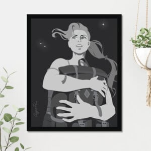 De vrouw met een rugzak: minimalistische zwart-wit kunstprint, 40 x 50 cm, wanddecoratie