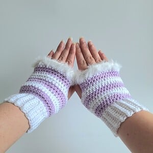 Gehaakte handschoenen - gehaakte vingerloze handschoenen | Wit en lila