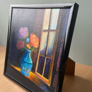 Handgeschilderd canvaspaneel 20x20 cm met lijst – Blauwe vaas met bloemen | Uniek schilderij