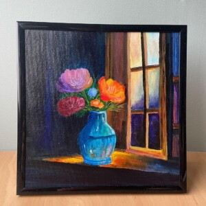 Handgeschilderd canvaspaneel 20x20 cm met lijst – Blauwe vaas met bloemen | Uniek schilderij