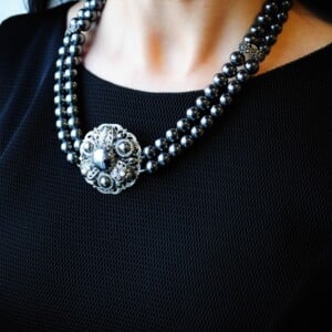 Hematite statement necklace with vintage brooch