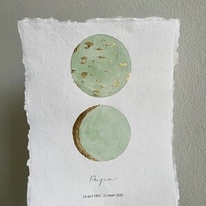 Herinneringsportret met maan van gouden bladmetaal en aquarelverf - A4 of A5 handgeschept papier