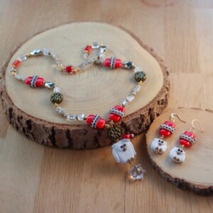 Kerstmagie & Fantasie, handgemaakte kerst uil ketting en oorbellen set