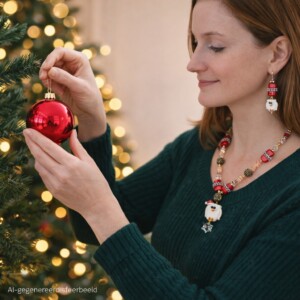 Kerstmagie & Fantasie, handgemaakte kerst uil ketting en oorbellen set