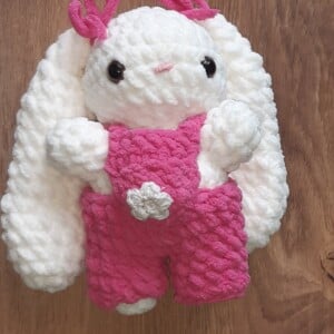 Schattige Konijn in salopette. Gehaakte knuffel uit chenille garen.