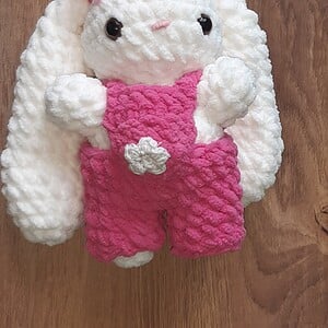 Schattige Konijn in salopette. Gehaakte knuffel uit chenille garen.