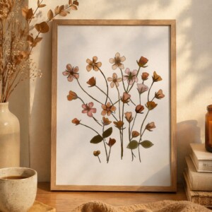 Autumn Harmony botanische herfstposter A4/A5 – gedroogde bloemen in warme herfstkleuren (bruin, oranje, zachtroze)
