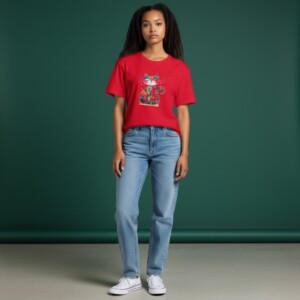 Dames T-shirt kattenprint maat L – schattig Cat Lover shirt rood , zacht & comfortabel, cadeau voor kattenliefhebbers, wasbaar 30 C