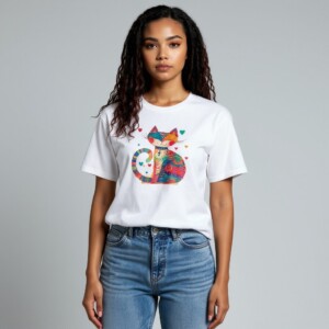 Dames T-shirt wit kattenprint maat XL – schattig Cat Lover shirt, zacht & comfortabel, cadeau voor kattenliefhebbers, wasbaar 30 C