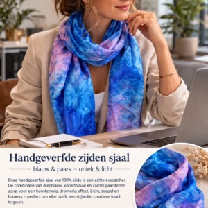 Handgeverfde zijden sjaal – blauw en roze– 45x175 cm – uniek exemplaar