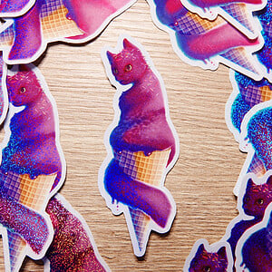 Katten ijs glitter sticker roze, journaling scrapbooking kado, kattenliefhebber, zomer activiteiten, ijsje 4x10.4 cm