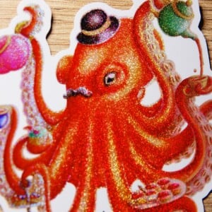 Octopus high tea potlood sticker met glittereffect. 9.5x9.3 cm