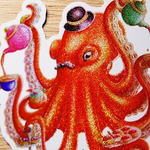 Octopus high tea potlood sticker met glittereffect. 9.5x9.3 cm