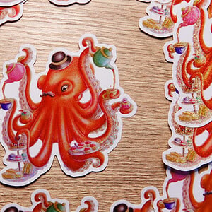 Octopus high tea potlood sticker met glittereffect. 9.5x9.3 cm