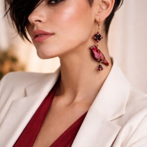 Roodborstje & Lentebloesem, handgemaakte vogel oorbellen met granaat en goud