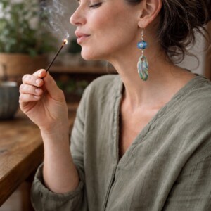 Rust & Spiritueel, veren oorbellen met lampwork glas en keramiek