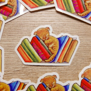 Slapende kat boeken sticker, transparant, vaatwasser proof 9.5x5.8 cm