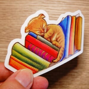 Slapende kat boeken sticker, transparant, vaatwasser proof 9.5x5.8 cm