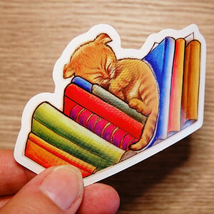 Slapende kat boeken sticker, transparant, vaatwasser proof 9.5x5.8 cm
